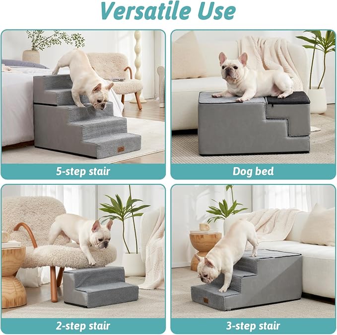 COZY KISS Dog Stairs for Small Dogs, 5 Step Pet Stairs for Beds & Couches | 23.6" H Wide Non-Slip Dog Steps with Removable Tiers & Support Board for Puppies, Older Cats & Dogs, Grey