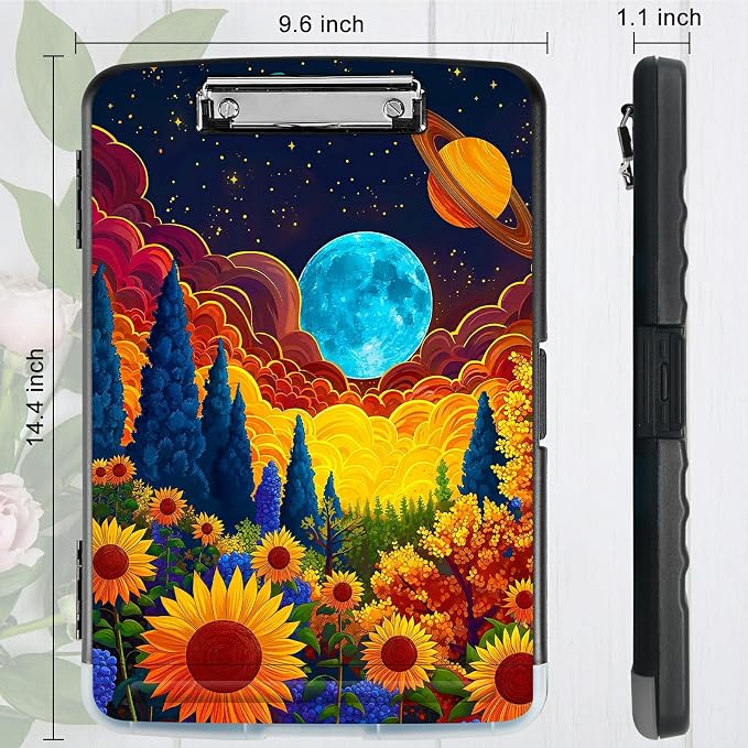Sunflower Clouds Moon A4 Clipboard with Storage Pen Holder, Clipboards Organizer Nursing Clipboard Foldable File Folder Plastic Clipboard Folio Clip Board for Office Students Classroom