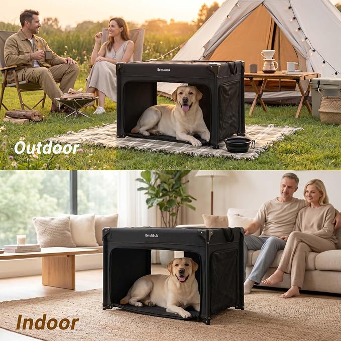 36 Inch Collapsible Travel Dog Crate, 4 Doors & Soft Pet Mat | Portable Dog Travel Crate for Medium Dogs,Large Storage Bag & Breathable Mesh,Soft Sided Dog Crate for Indoor & Outdoor Black
