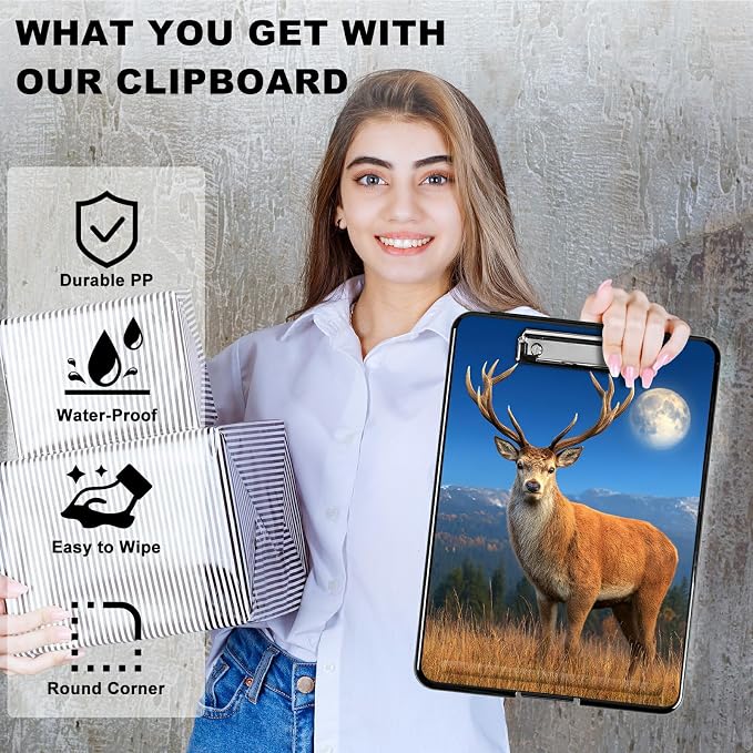 Heavy Duty Storage Clipboard, Slim Nursing Clipboard with Internal Pen Case, Portable File Organizer Case for A4 Letter Size Paper Office Medical Professionals, Grassland Deer