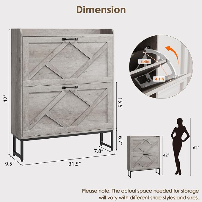 Shoe Storage Cabinet with 2 Flip Drawers, Entryway Organizer, Gray | Slim Shoe Cabinet with Metal Legs, Narrow Farmhouse Shoe Organizer for Entryway, Foyer, Hallway, Wood Shoe Rack with Hook