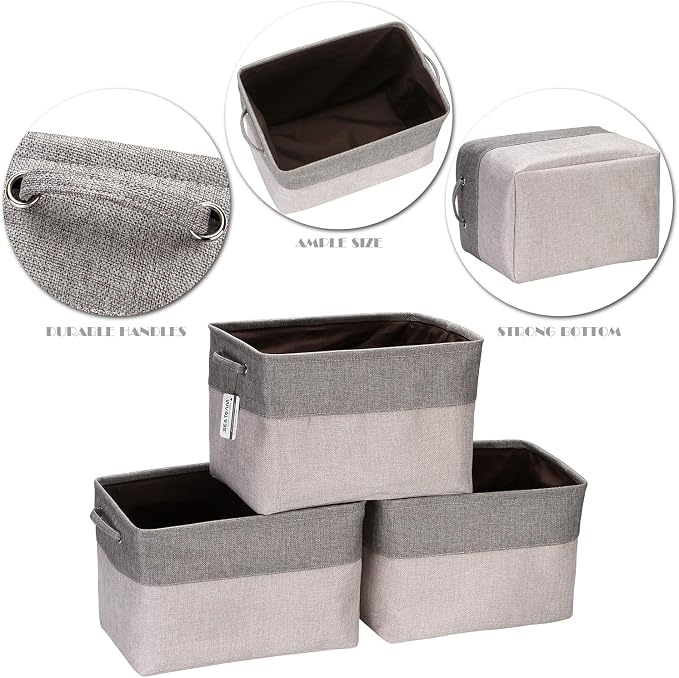 Sea Team Large Rectangle Canvas Open-Top Storage Baskets, 3-Pack | Collapsible Fabric Storage Bins with Handles, Closet Shelf Organizers, 15 x 10 x 10 Inches, Ash Gray & Gray
