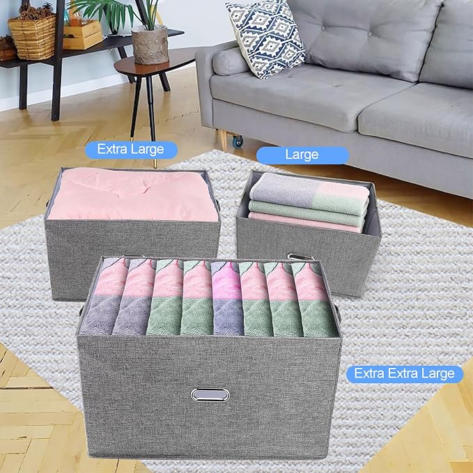 Large Linen Fabric Foldable Storage Bins with Removable Lid and Handles, Washable Storage Box Organizer Containers Baskets Cube with Cover for Bedroom,Office(Red, XXL(2-Pack))