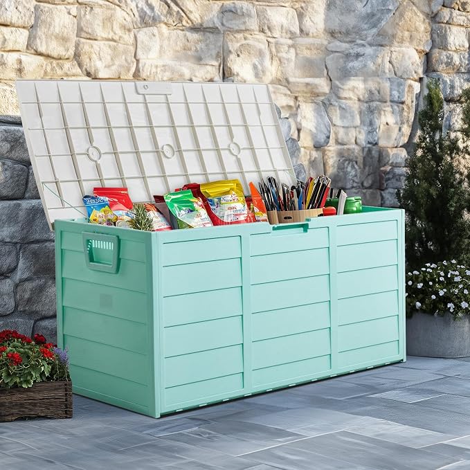 75 Gallon Green Outdoor Storage Box with Wheels, Waterproof Resin Deck Box for Patio Cushions & Garden Tools, Rolling Garden Storage Bin, Weather Resistant Trunk