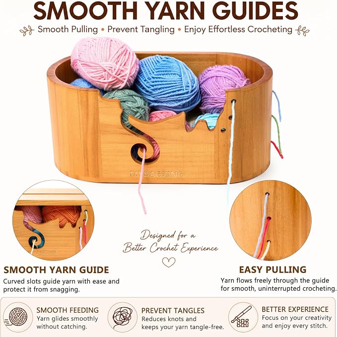 MYBAGZING Wooden Yarn Bowl with Lid, Large Acacia Crochet Yarn Holder with Phone Stand & Tool Tray, Yarn Storage Organizer for Knitting & Crocheting, Floral Design Gift for Crocheters