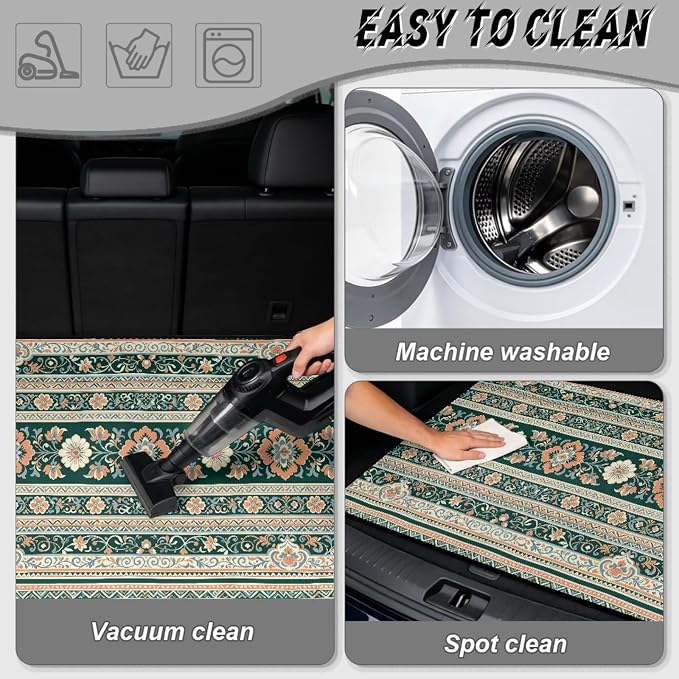 Howilath Heavy Duty Car Trunk Mat Non-Slip All Weather Green Floral Striped Aztec Rear Trunk Protection Auto Interior Accessory Durable & Easy Clean
