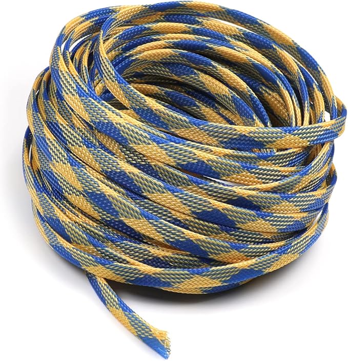 Jutagoss PET Expandable Braided Cable Sleeve, 32.8ft - 5/16 inch Blue Yellow Cable Management Sleeve, Wire Loom Tube Cord Protector for USB Cable, Power Cord, Audio Video and More, 1Pc