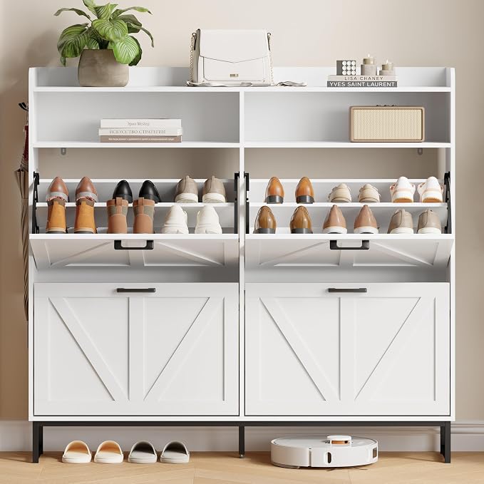 Xixini Shoe Storage Cabinet with 4 Flip Drawers, Entryway Shoe Rack, White | Freestanding Narrow Shoe Storage, Hidden Slim Wood Shoe Organizer, Modern Farmhouse, Open Storage & Hooks for Closet, Hallway