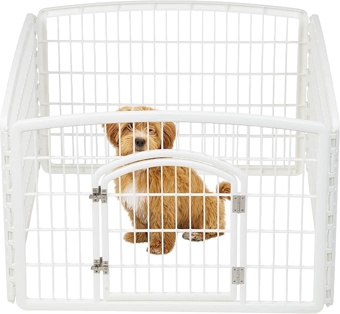 IRIS USA 4-Panel Dog Playpen with Door, Pet Enclosure | Molded Plastic, Puppy Training, Indoor Outdoor, Foldable Design, Heavy Duty, Rust-Free