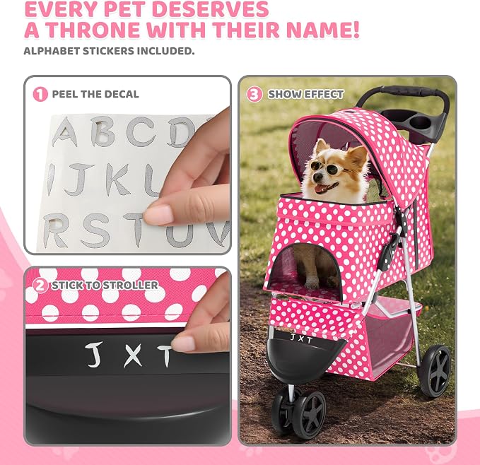 Magshion 3-Wheel Pet Stroller for Small/Medium Dogs & Cats, Up to 33lbs | Foldable Travel Jogger w/ Breathable Mesh Cover, Lightweight Design, Safety Tethers, Cup Holder & Storage Basket