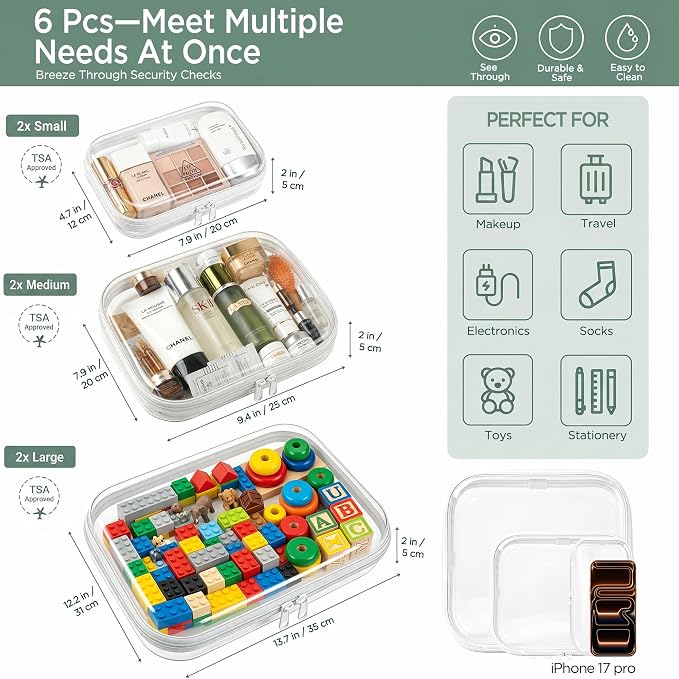 6 Pcs Clear Hard Shell Zipper Case – Clear Makeup Bag Set 2S/2M/2L, See-Through Hard Plastic Organizer Pouches with Double Zipper, Crush-Resistant Travel Toiletry Bag for Cosmetics,Toys