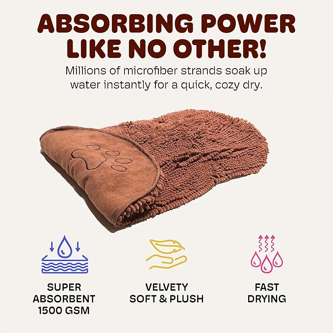 Dog Gone Smart The Dirty Dog Shammy - Fast Drying Plush Shammy Towel with Dual Hand Pockets and Elastic - Super Absorbent Microfiber and Machine Washable - 31 × 13 in, Brown