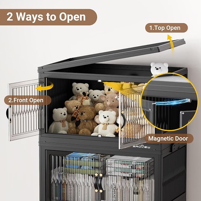 BROVIEW 480Qt Stackable Storage Bins with Lid for Home Dorm, 4Pack Black | Closet Organizers, Foldable & Collapsible Cabinets, Large Containers, Wheels & Magnetic Doors, Plastic Drawers for School