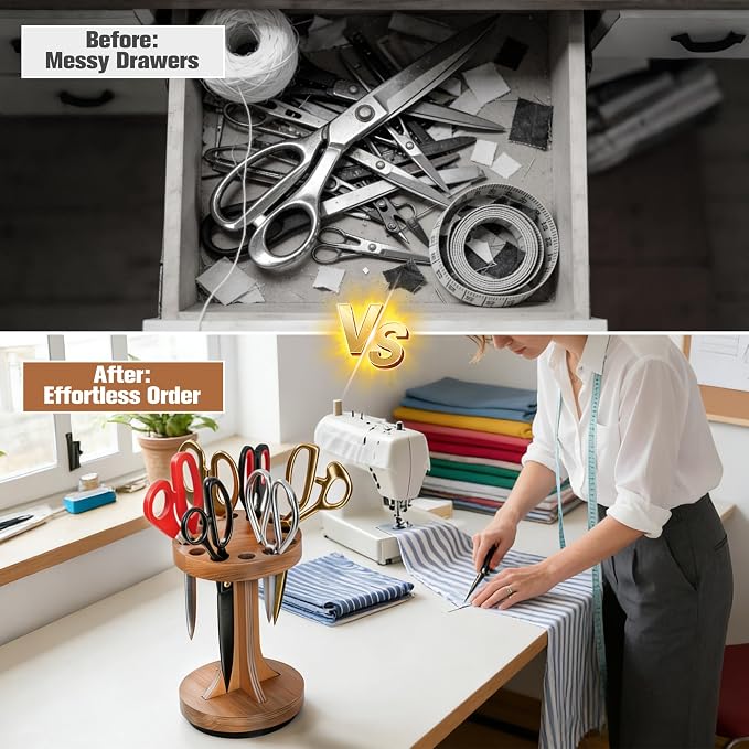 Rotating Scissor/Shear Holder, 12 Mixed-Size Slots for Sewing | No Assembly Required, Custom Fit for All Shears, 360° Swivel Base, Wooden Craft for Sewing, Kitchen & Pets