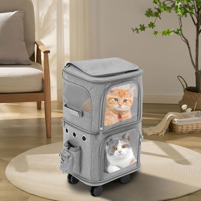 2-Tier Rolling Pet Carrier for Cats & Dogs, Removable Divider, Telescopic Handle, 4 Wheels, Breathable Mesh, Foldable, Large Portable Travel Crate with Side Pockets, 22lbs Capacity