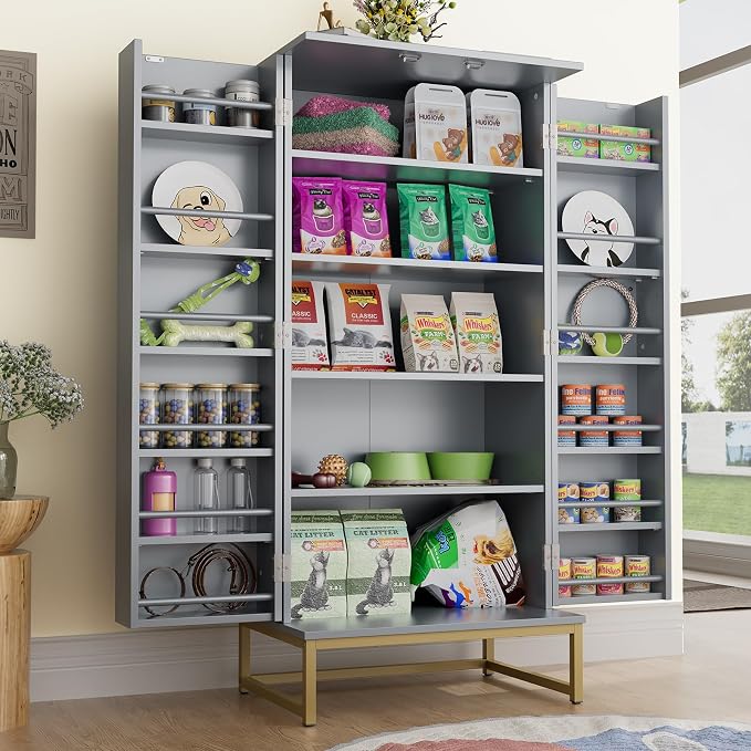 Saudism 51" Dog Food Storage Cabinet with Adjustable Shelves, Gray | Freestanding Pet Storage Container Organizer for Living Room and Dinning Room