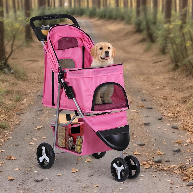 3 Wheels Dog Stroller Folding Pet Strolling Cart for Small Medium Cats Puppies Portable Jogger Travel Camping Puppy Carrier with Storage Basket Cup Holder, Pink