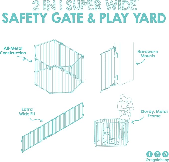 Regalo Safety 51.5"-144" Metal 2-in-1 Super Wide Baby Gate & Play Yard | Adjustable Playpen, For Doorways & Open Spaces, For Babies, Toddlers & Pets, White, Tested & Trusted for 30 Years