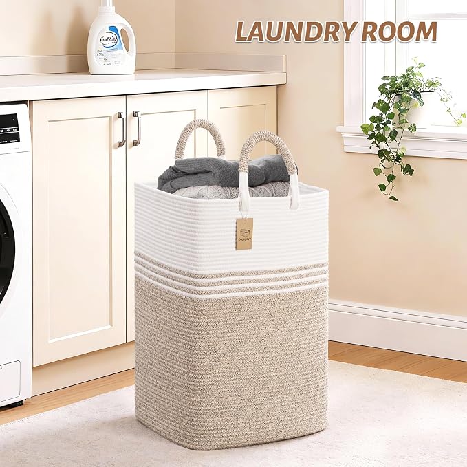 Laundry Basket Hamper,Blanket Storage,Dirty Clothes Hamper with Swivel Handles,Woven Cotton Rope Toy Baskets,Blanket Basket Living Room,Decorative Hampers for Nursery,Bedroom,White & Linen,80L