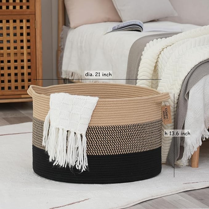 COMFY-HOMI XXXL Large Laundry Basket, Cotton Rope Nursery Woven Basket for Storage, Blanket Baskets Living Room Laundry Hamper, Dog Toy Storage Organizer, Home Decor-21''x21''x13.6''-Jute and Black