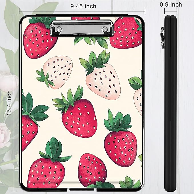 Heavy Duty Storage Clipboard, Slim Nursing Clipboard with Internal Pen Case, Portable File Organizer Case for A4 Letter Size Paper Office Medical Professionals, Pink Strawberry