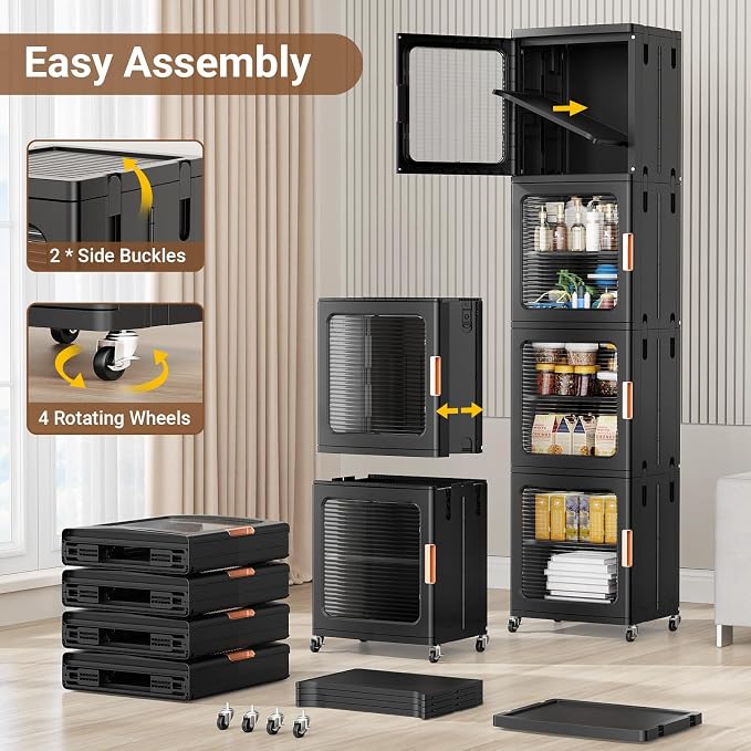 BROVIEW 3-Tier Tall Narrow Storage Cabinet 14.6” Wide, Slim Bathroom Cabinets with Adjustable Shelves and Doors, Plastic Kitchen Pantry Organizers and Storages for Small Space, Laundry, Black