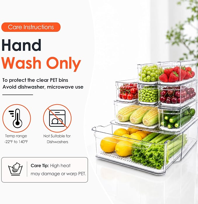 SMRCAD Clear Fridge Bins with Drain Trays - BPA-Free PET, Stackable(8 Pack) | 8 Pack: 1 Drawer + 7 lidded Bins, Helps Keep Produce Fresh, 18.3L Capacity, Hand Wash Only