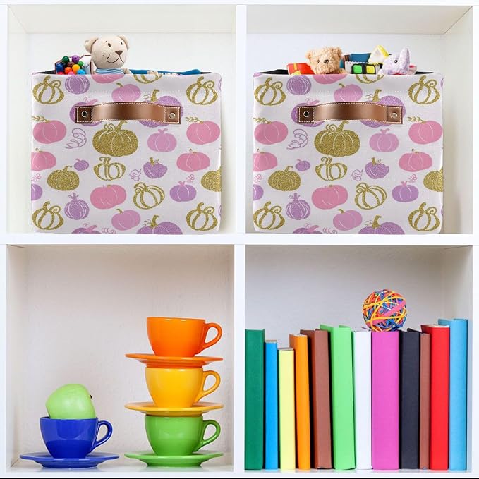 Wamika Pumpkin Pink Purple Storage Basket with Waterproof Liner and PU Handles Fall Thanksgiving Day Storage Bins Boxes 14.2" Collapsible Decorative Organizer Baskets for Bedroom Closet Office 2 Pack