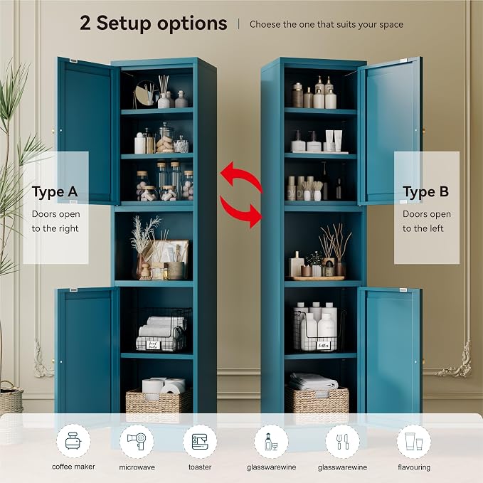 YAUWOH 2-Door Metal Storage Cabinet, Tall Slim Pantry Organizer with 3 Adjustable Shelves (120LBS/Shelf), Anti-Tipping Waterproof Cabinet for Bathroom/Kitchen/Home Office/Small Spaces,(1PC,Blue)