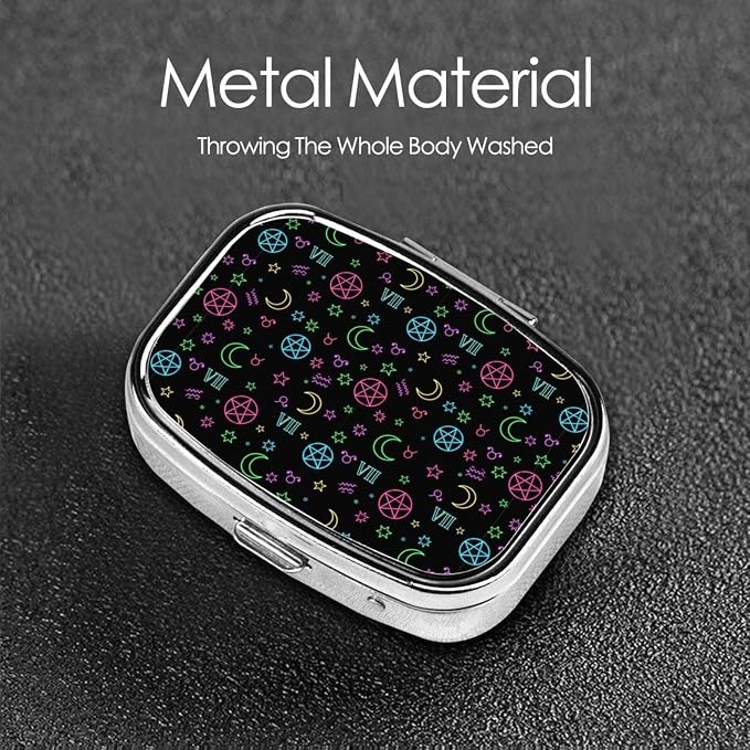 Metal Vitamin Case Tiny Pill Organizer Purse Clip-On Daily Supplement Container Gym Bag, Witch Magic Sun Moon Star Alchemical Cosmic Signs Witchcraft