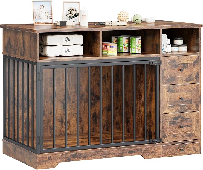 Heavy Duty Dog Crate Furniture, 48 Inch Modern Wooden Dog Kennel Indoor with Storage & 6 Drawers, Hidden Bowl, Sliding Lock End Table for Medium to Large Dogs