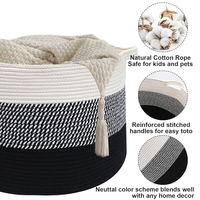 115L Extra Large Blanket Basket,Woven Laundry Basket-Mixed Black | Collapsible Nursery Storage Bin with Sturdy Handles, Organizes Clothes, Toys and Pillows for Living Room, Bedroom, Bathroom