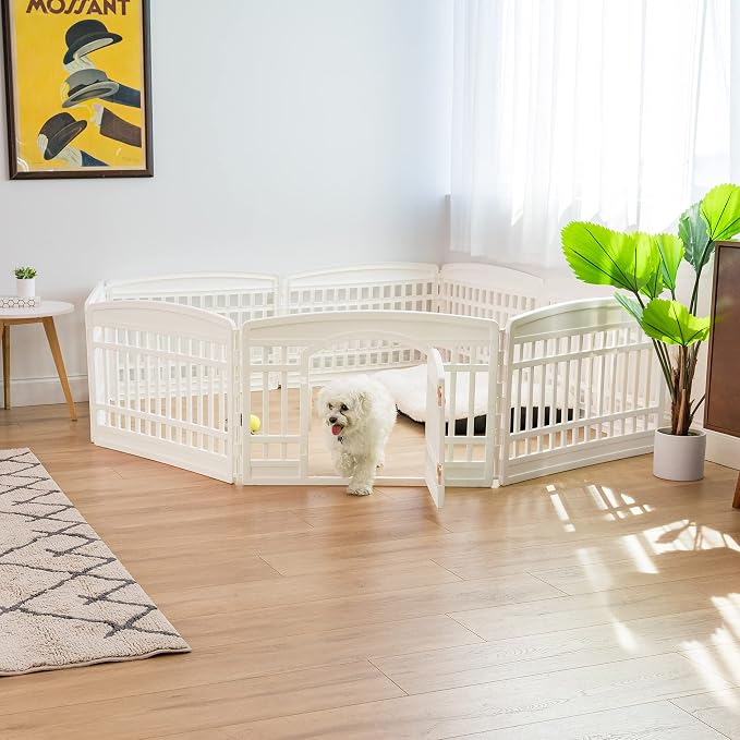IRIS USA 8-Panel Dog Playpen, Pet Enclosure, White | Puppy Training, Multi-Shape Setup, Flexible Boundary, Configurable Layout, Tool-Free Assembly, Stable Non-Tip Base