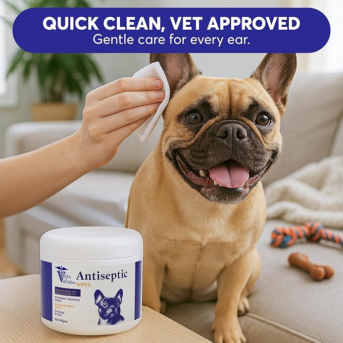 Veterinary Ear Cleaning Wipes for Dogs & Cats - Gentle Aloe-Based Cleanser for Routine Care, Freshness & Daily Ears Maintenance, Alcohol-Free, Hypoallergenic, 100 Count