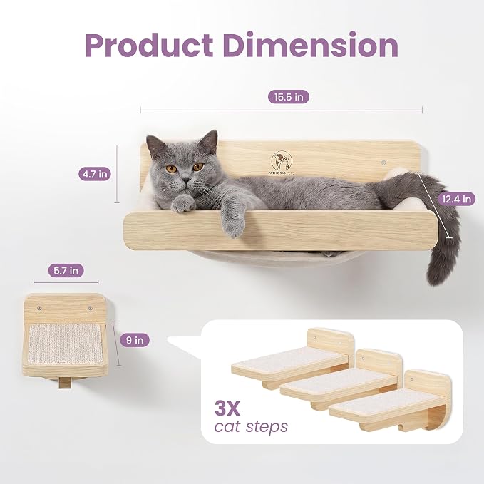 Cat Wall Shelves - Wall Mounted Cat Shelves with Feeding Station | Solid Pinewood, Beige Carpet, Supports Up to 33 lbs, Stainless Bowls, Dog-proof, Lounging, Climbing