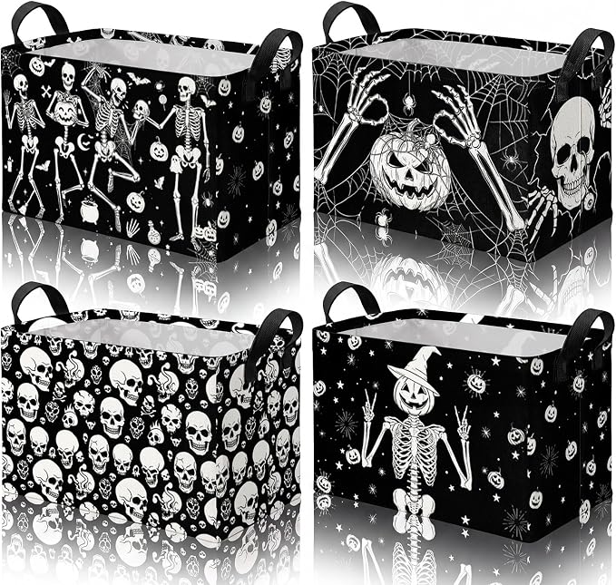 4 Pcs Halloween Storage Basket for Gifts Large Spooky Skeleton Storage Bins with Handles 15 x 10 x 8 Fabric Laundry Baskets Halloween Skull Collapsible Organizer Boxes for Home Cloth Toys Book