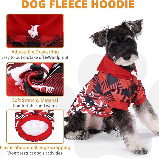 KOOLTAIL Christmas Dog Hoodie, Red Plaid Pet Sweater, Hat Hooded Sweatshirt Dog Clothes for Small Medium Large Dogs, Soft Warm Winter Cold Weather Coat with Leash Hole&Pocket, Reindeer Snowflake, XL