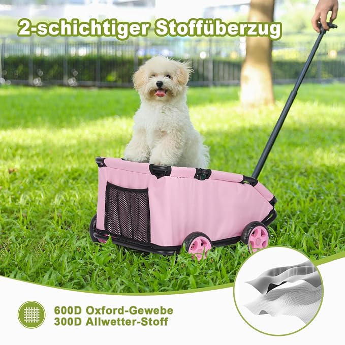 Mini Dog Strollers for Mini Pets, Foldable Multifunctional Shopping Carts with Extendable Pull Handle, Doggie Wagon Built-in Cushion and Safety Rope with Storage Bag (Pink)