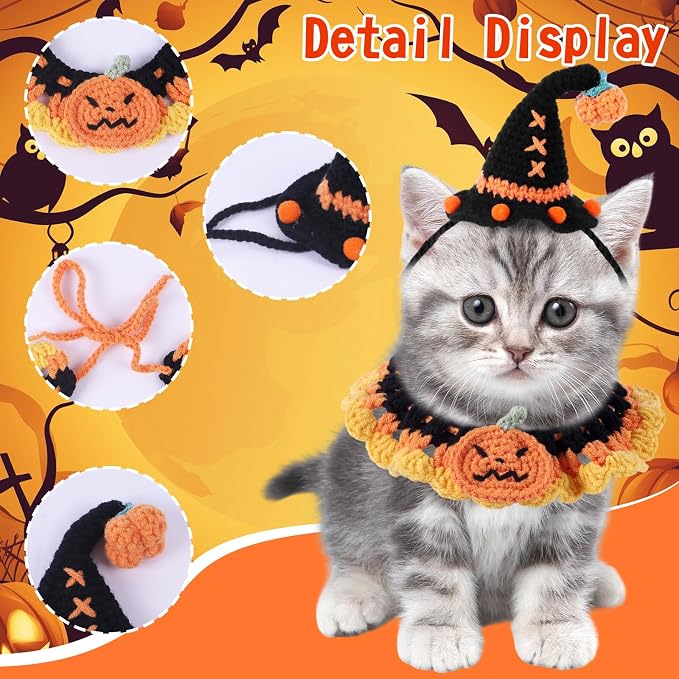 Kunyeah Halloween Pet Costume Set for Cats Small Dog Adjustable Knitted Hat Scarf Pumpkin & Witch Print Puppy Bib Cute Crochet Cat Collar Cap Pet Apparel Outfit (Orange-Pumpkin)