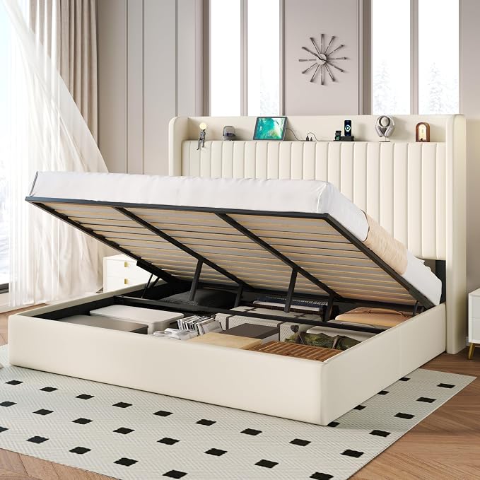 SHA CERLIN King Size Lift Up Storage Bed Frame, Charging Station, Cream | Storage Headboard with Charging Station, USB, Type-C Port Velvet Hydraulic Storage Bed No Box Spring Needed Noise Free