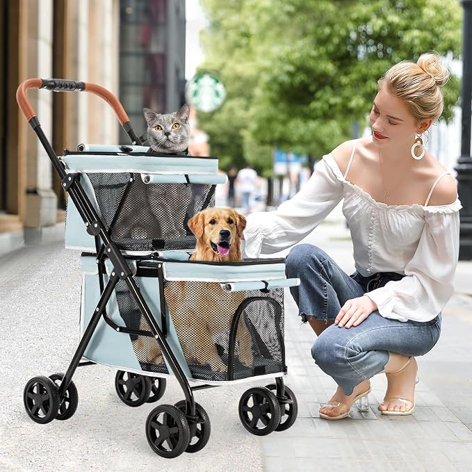Double Pet Stroller for 2 Dogs & Cats, Double-Decker, Blue | One-Hand Fold Two-Tier Stroller with Separate Cabins, 44 lb Capacity, 4 Tethers, Locking Front Wheels and Rear Brakes