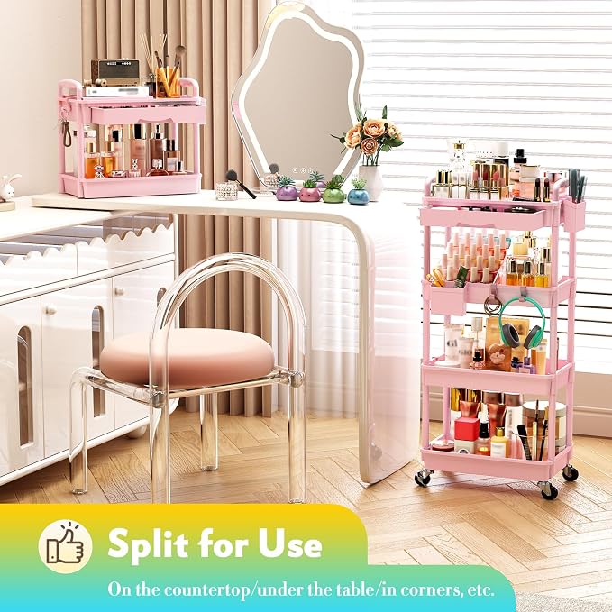 SUNALLY Makeup Cart Organizer with Drawer, 4 Tier Rolling Makeup Cart, Pink | Rolling Vanity Storage for Skin Care Perfume Nail Polish, Floor Skincare Organizers Cosmetics Display Bathroom Storage Cart