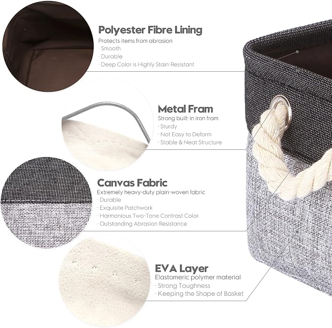Sea Team Compact Rectangle Canvas Open-Top Storage Baskets, 3-Pack | Collapsible Fabric Storage Bins with Handles, Closet Shelf Organizers, 12 x 8 x 5 Inches, Gray & Black