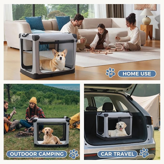 DUMOS Soft Dog Crate 30 Inch, Large Foldable Outdoor Cat Carrier | Foldable Portable Design, Indoor Outdoor Travel Kennel, Storage Bag, Washable Pad, Grey