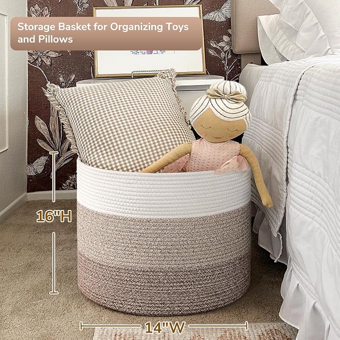 Goodpick Woven Basket for Blankets & Toys, Nursery & Living Room Decor, 45L | 15.8 x 15.8 x 13.8 In Baby Toy Storage Basket for Nursery, Blanket Basket for Living Room, Light & Brown