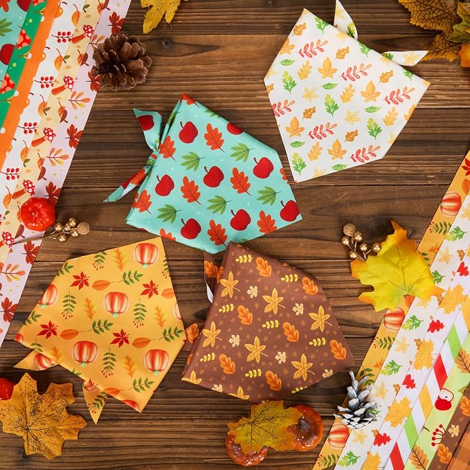 50 Pcs Fall Dog Bandanas Bulk Autumn Pumpkin Maple Leaves Pattern | Triangle Kerchief Bibs Scarf Set for Pets Harvest Party Costume Photo Props Accessories, 25 Styles, 19.7 x 13.8 x 13.8 Inch