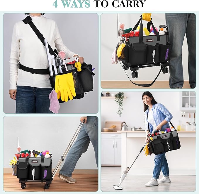 Chyaidach Rolling Cleaning Caddy, Cleaning Supplies Organizer with Trolley, Wearable Cleaning Tote Bag on Wheels with Hard Bottom, Cleaning Carts for Housekeepers/Home/Car/Office/Picnic (Grey)