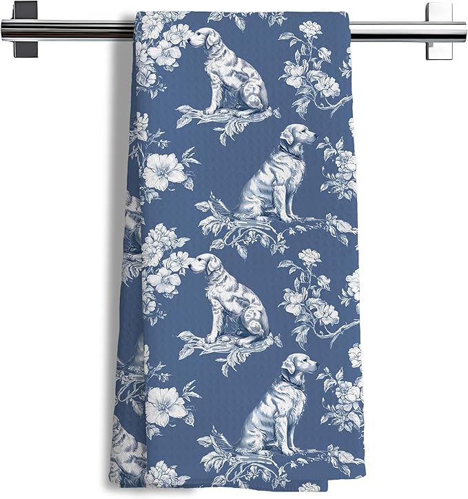 Nipi Blue Chinoiserie Golden Retriever Kitchen Towels, Blue and White Floral Golden Retriever Decorative Dish Tea Towels, Grandmillennial Botanical Dog Hand Towels for Kitchen Bathroom, 16x24 Inch