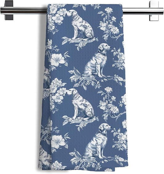 Nipi Blue Chinoiserie Golden Retriever Kitchen Towels, Blue and White Floral Golden Retriever Decorative Dish Tea Towels, Grandmillennial Botanical Dog Hand Towels for Kitchen Bathroom, 16x24 Inch