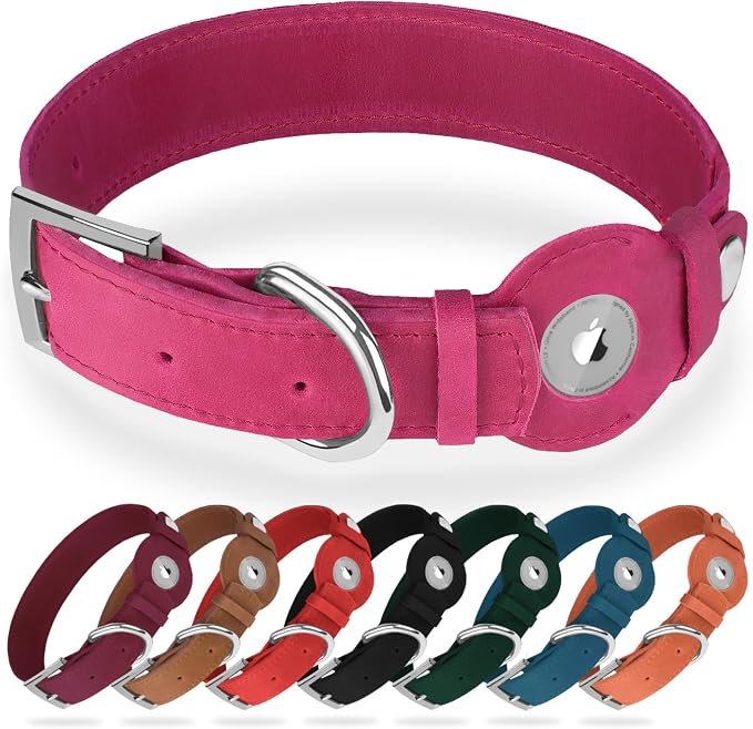 Leather Dog Collar with Airtag Holder - Apple Air Tag Dog Collars - Soft Tracking GPS Pet Collar for Small Medium Large Dogs Breed Puppy (Pink, M, 12"-15" Neck Fit)